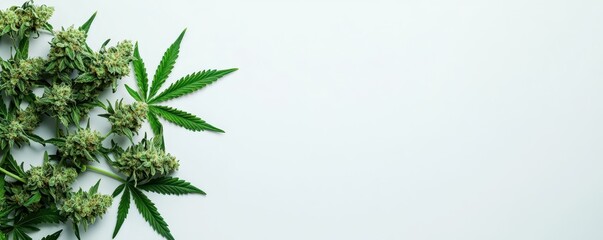 Obraz premium A close-up of vibrant cannabis flowers showcases their rich textures and trichomes, with open space on the side for text about different strains or products.