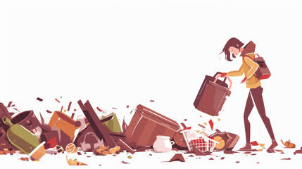 person is depicted cleaning up messy area filled with various types of trash and debris, showcasing importance of environmental responsibility and cleanliness