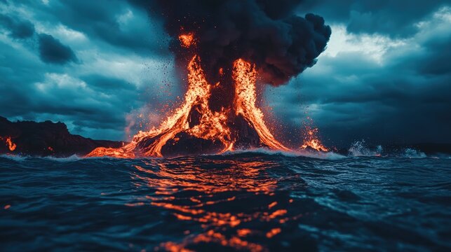 A volcanic eruption beneath the ocean, fiery red lava and ash shooting through the water and into the sky, creating a dramatic display