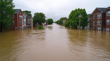 Obraz premium An entire neighborhood is submerged underwater, with only rooftops and treetops peeking above the surface, creating a dramatic and surreal scene.