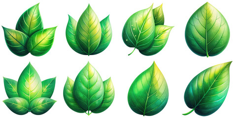 Obraz premium Cartoon illustration set of green leaves with Grainy Textures. isolate on a white background. PNG 
