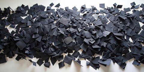 Fototapeta premium A scattering of black paper scraps on a white surface, creating a minimalist abstract design.
