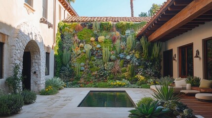 Fototapeta premium Lush Vertical Garden Oasis, serene courtyard adorned with vibrant succulents and cacti creating a tranquil green retreat