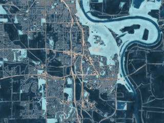 Painterly Style City Map of Bellevue  Nebraska, USA in a Blue Color Scheme.