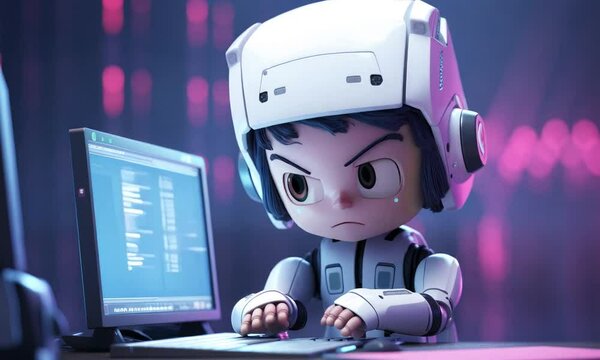 overworked annoyed robot works on the computer in office