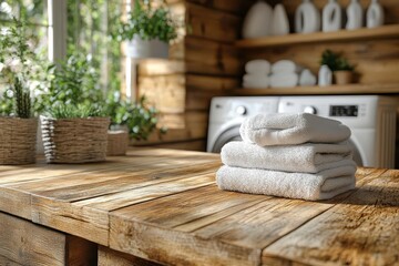 wooden board in a cozy laundry room setting softly blurred washing machine in the background creating a warm and inviting space perfect for product placement and advertising