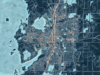 Painterly Style City Map of Bend Oregon, USA in a Blue Color Scheme.