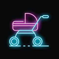 Neon baby stroller sign glowing on a dark background, perfect for baby shop logos, websites, and marketing materials