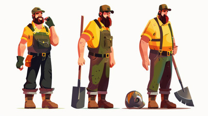 strong, bearded man in work attire stands confidently with tools, showcasing his readiness for outdoor tasks. His expressions reflect determination and strength