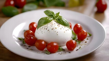 A fresh mozzarella cheese ball on a plate with basil leaves and cherry tomatoes
