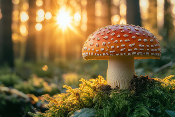 Close-up of a small mushroom in a forest on green grass.