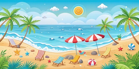 Fototapeta premium A serene beach scene with palm trees, colorful umbrellas, lounge chairs, and a bright blue ocean.