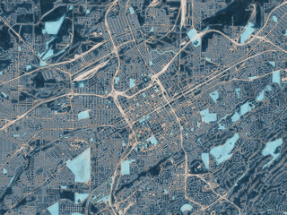Painterly Style City Map of Birmingham Alabama, USA in a Blue Color Scheme.