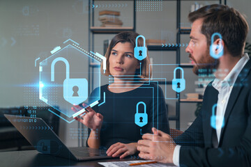 Business meeting on cybersecurity with digital lock graphics.