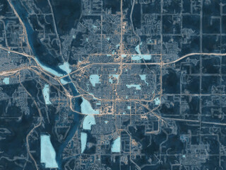 Painterly Style City Map of Bismarck North Dakota, USA in a Blue Color Scheme.