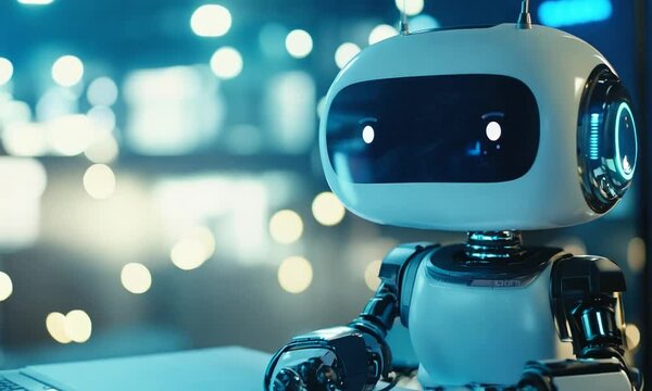 cute robot works in office on computer