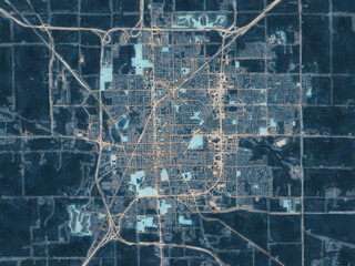 Painterly Style City Map of Bloomington Illinois, USA in a Blue Color Scheme.