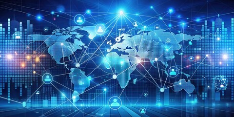 Fototapeta premium Abstract digital network connection with a stylized world map and glowing nodes