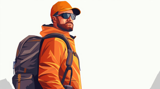man wearing orange jacket and sunglasses stands confidently with backpack, ready for adventure. His expression reflects determination and readiness for outdoor exploration
