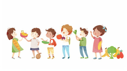Fototapeta premium Children holding fruits and vegetables, showcasing healthy eating habits and joy. This colorful illustration promotes nutrition and importance of fruits and vegetables in fun way