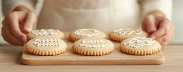 Freshly decorated cookies on a wooden board, hands presenting them.