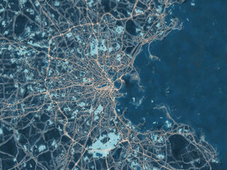 Painterly Style City Map of Boston Metro Massachusetts, USA in a Blue Color Scheme.