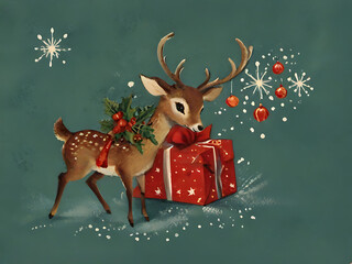 christmas card with deer berry star gift and snowflake border