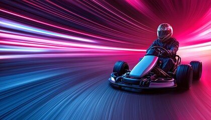 Futuristic go-kart rider in full motion, streaks of neon light illuminating the track, high-speed action and glowing colors, intense racing vibe