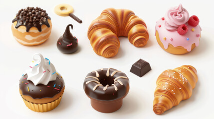 Delight in this colorful assortment of desserts featuring cupcakes, croissants, and donuts, each beautifully crafted to evoke sense of joy and indulgence