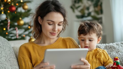 mother and her child are joyfully browsing online stores for holiday gifts, surrounded by festive decorations. warm atmosphere enhances their bonding moment