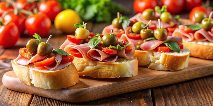 Spanish pinchos fiesta with tomatoes, olives, and ham on a baguette in wide-angle shot