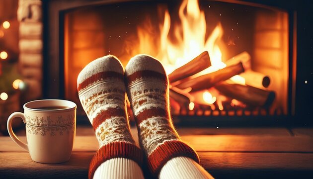 Entspannung mit in Wollsocken gepackte F&uuml;&szlig;e vor einem Kamin und einem hei&szlig;en Getr&auml;nk. 