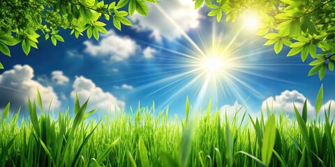 Obraz premium A verdant field of grass reaching towards a sun-drenched sky, framed by vibrant green leaves.