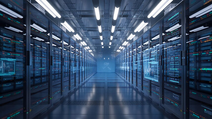 high-tech data warehouse, featuring rows of modern servers with blinking lights in a vast, secure facility, data center, big data