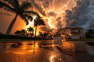 House under a stormy sky with lightning, palm trees bending, puddles and leaves on the wet ground, capturing the dramatic intensity of a tropical storm