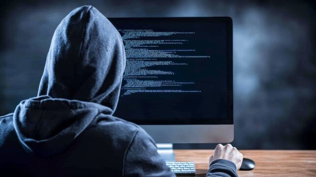 Hooded hacker working in a dimly lit room, computer screen displaying code, cybercrime or coding concept with a mysterious and intense tone