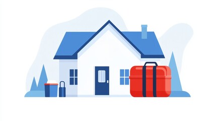 Illustration of a home with an emergency plan displayed on the fridge, showing the routes to safety and supply storage