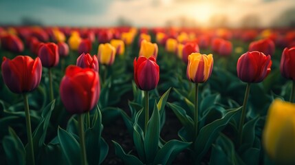 Vibrant Tulip Field in Spring, a stunning expanse of colorful tulips under a clear blue sky, symbolizing renewal and beauty.