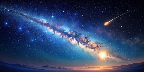 Fototapeta premium A breathtaking celestial panorama featuring the Milky Way, a shooting star, and distant mountains silhouetted against the luminous expanse of the night sky.