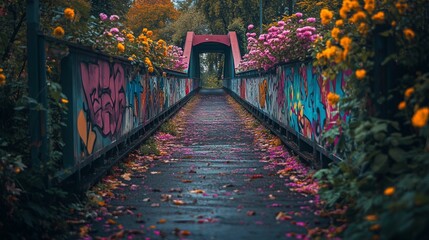Fototapeta premium Vibrant Graffiti Bridge Surrounded by Lush Blooms Capturing Urban Art and Nature's Flourish