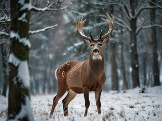 majestic male deer standing in snow