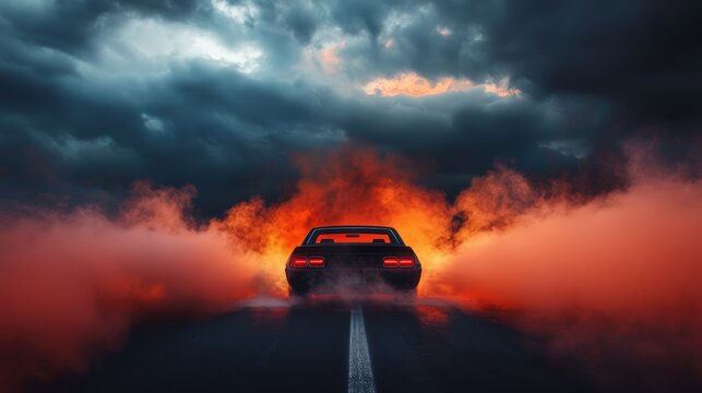 Muscle car tearing up the asphalt with a massive burnout, smoke trailing behind, stormy clouds creating a dramatic backdrop, full throttle energy