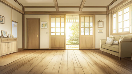 Obraz premium Peaceful living room with wood floors and sunlit garden view