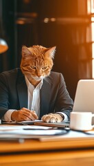 Cat Businessman in Office. Ginger Cat Wearing Suit Working on Laptop, Pet at Work Concept.