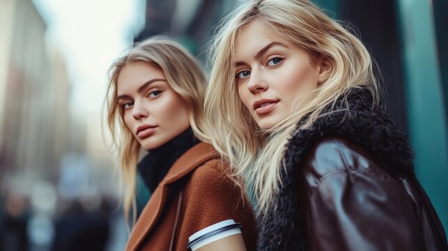 Friends, gorgeous blondes with coffee in metropolis.