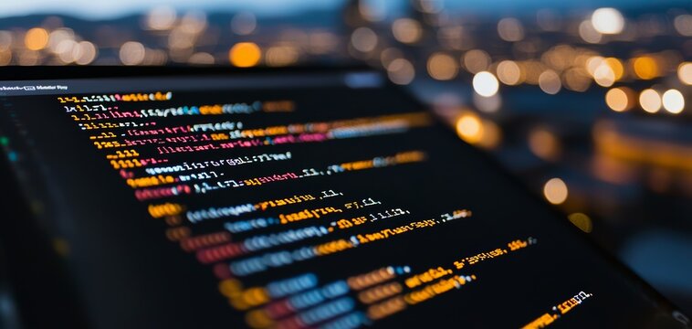 Close-up of colorful programming code on a computer screen, vibrant lines of text in multiple languages, representing software development and coding