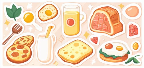 Cute pastel-colored baking ingredients like eggs, milk, and butter in simple vector style, perfect for sticker designs