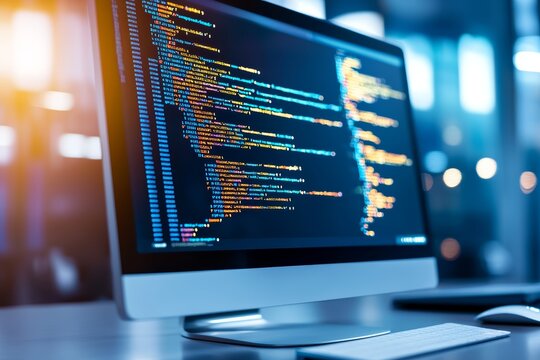 Detailed code view on a brightly lit monitor, multi-colored syntax highlighting, sharp focus representing programming, software development, and tech solutions