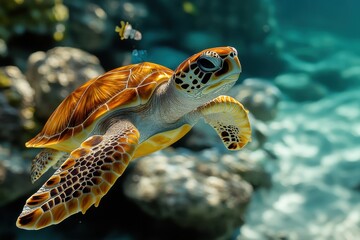 Turtle with Plastic Bag in Ocean, Concept of Global Environmental Pollution and Threat to Marine Wildlife
