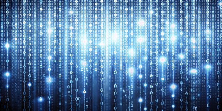 Abstract Digital Binary Code Pattern with Glowing Lights and a Blue Background